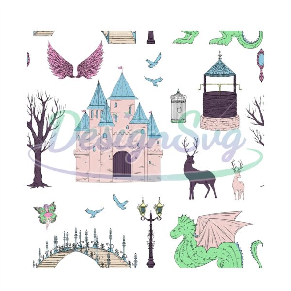fairytale-party-invitation-sticker-disney-castle-seamless-pattern-svg