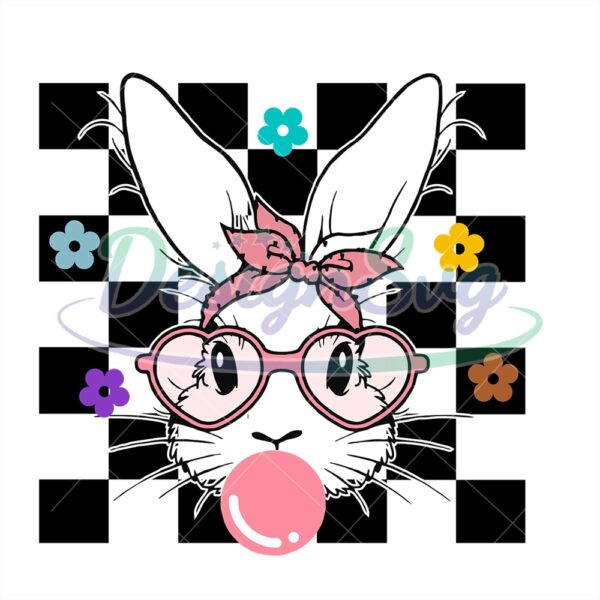 Checkered Black Bunny Girl Happy Easter PNG