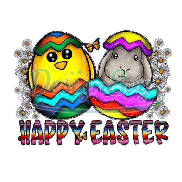 Happy Easter Cute Chicken Rabbit Eggs PNG
