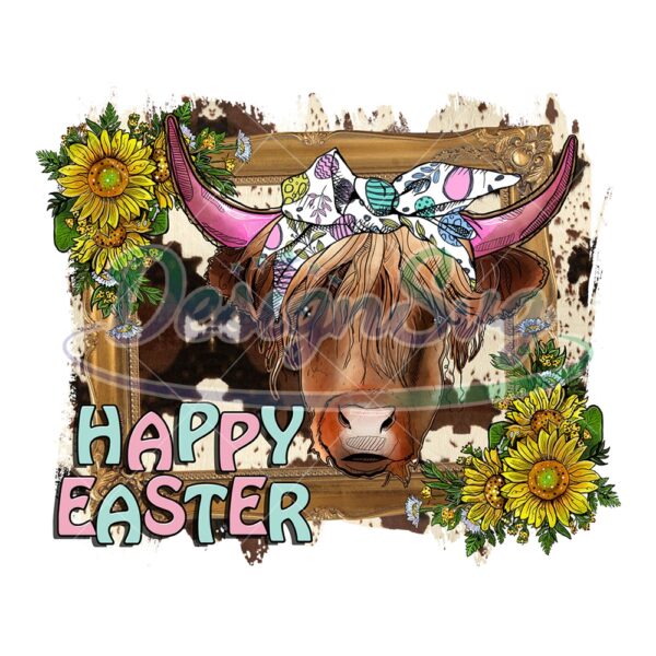 Happy Easter Western Highland Cow Print PNG