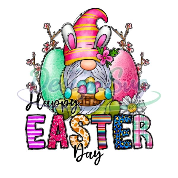 Happy Easter Day Gnome With Eggs Basket PNG