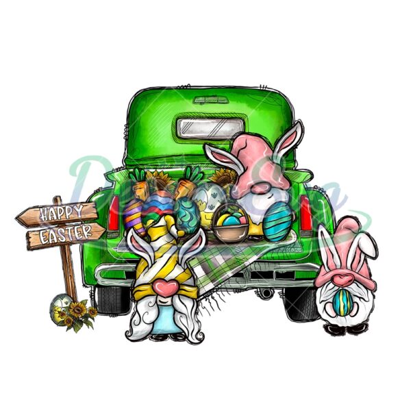 Happy Easter Sign Gnomes Truck Back PNG