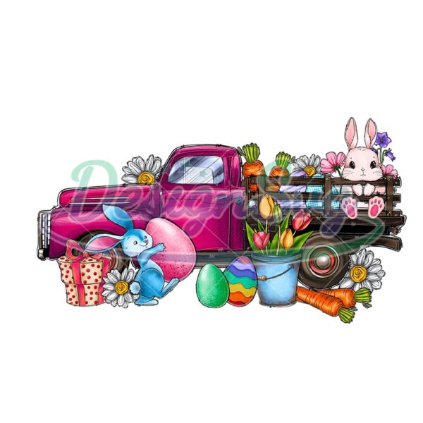 Pink Truck With Bunny Eggs PNG