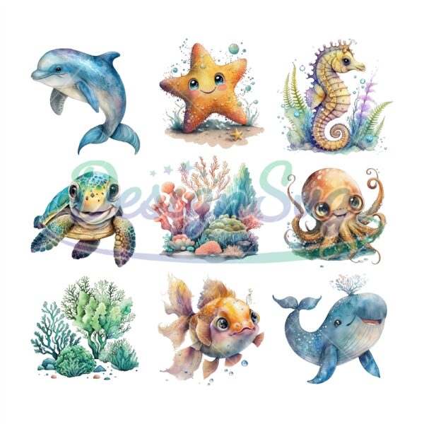 baby-sea-animals-clipart-watercolor-ocean-png-kawaii-summer-beach-clipart-bundle-nursery-wall-art-digital-planne