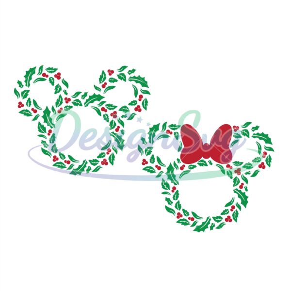 christmas-holiday-wreath-mickey-minnie-mouse-ears-2-color-svg-clipart-images-digital-download-sublimation-cricut-cut