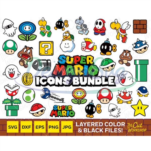 super-mario-bros-icons-coin-mushroom-star-koopa-goomba-bomb-layered-bundle-svg-clipart-digital-download-sublimation-cri