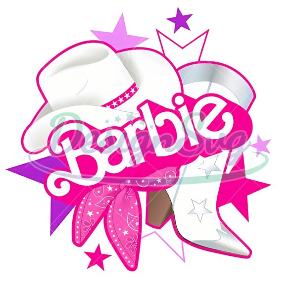barbi-western-country-cowboy-hat-bandana-boot-stars-pink-babe-doll-girly-retro-80s-png-jpg-clipart-digital-download-sub