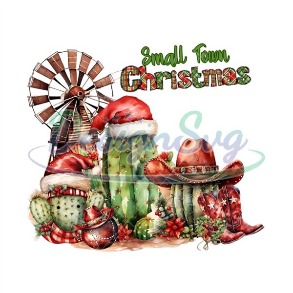 whimsical-christmas-cactus-sublimation-png-western-cactus-sublimation-farm-windmill-clipart-small-town-christmas-digital-download