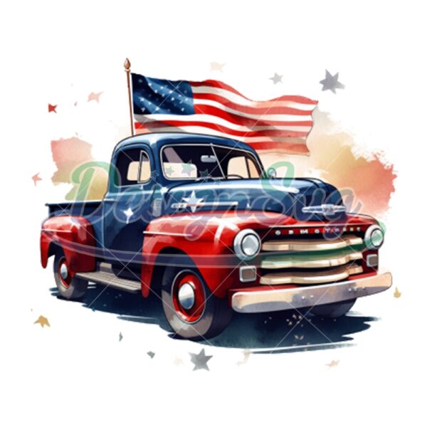 American Flag Vintage Truck Watercolor Png