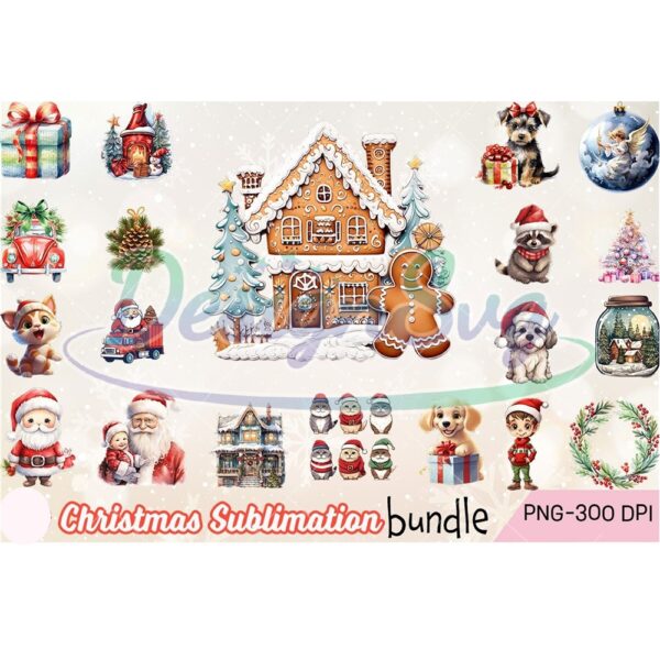 christmas-sublimation-bundle-png-adorable-ginger-bread-house-png-christmas-santa-gift-watercolor-png