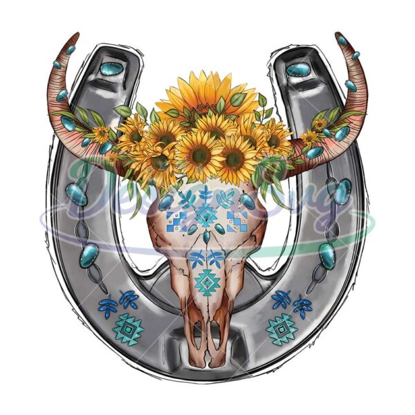 sunflower-bull-skull-with-horseshoe-png-western-horseshoe-png
