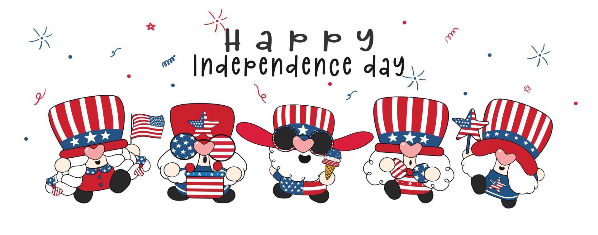 group of five cute happy 4th of july america independence gnomes celebrating cute fun cartoon drawing banner vector