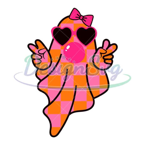 cute-girly-ghost-blowing-bubble-png-cute-ghost-fall-sublimation-design-digital-retro-fall-png-retro-halloween-checkered-ghost-bow-png