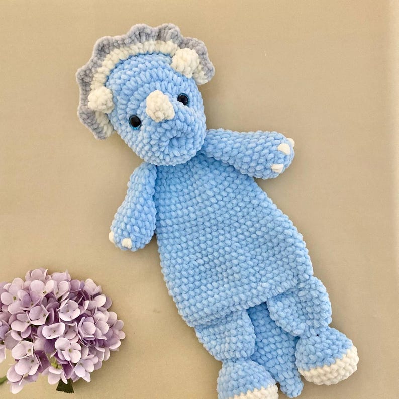 Crochet triceratops snuggler pattern Amigurumi dinosaur lovey pattern Cute animal baby blanket pattern 5