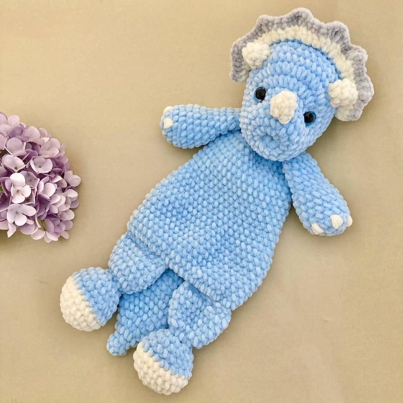 Crochet triceratops snuggler pattern Amigurumi dinosaur lovey pattern Cute animal baby blanket pattern 1