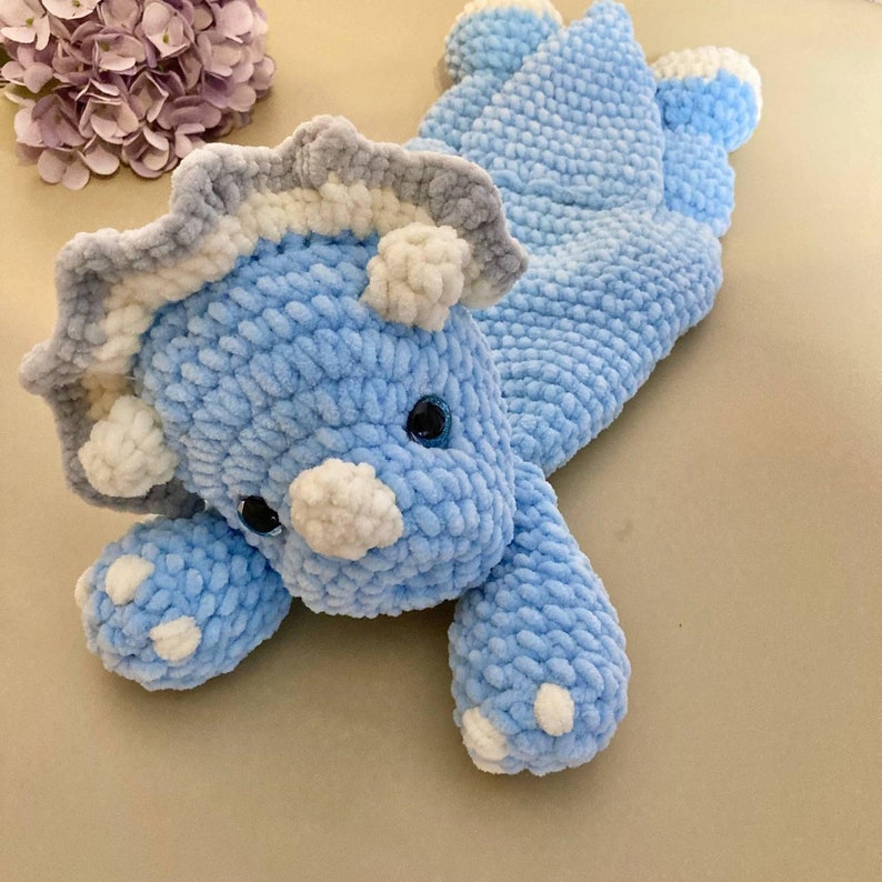 Crochet triceratops snuggler pattern Amigurumi dinosaur lovey pattern Cute animal baby blanket pattern 3