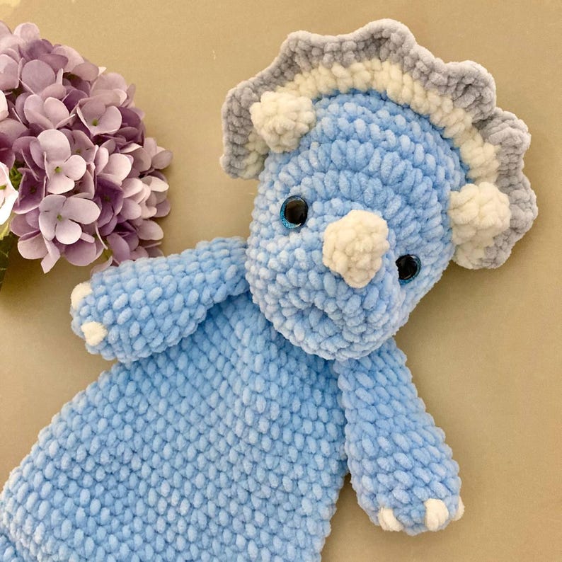 Crochet triceratops snuggler pattern Amigurumi dinosaur lovey pattern Cute animal baby blanket pattern 2